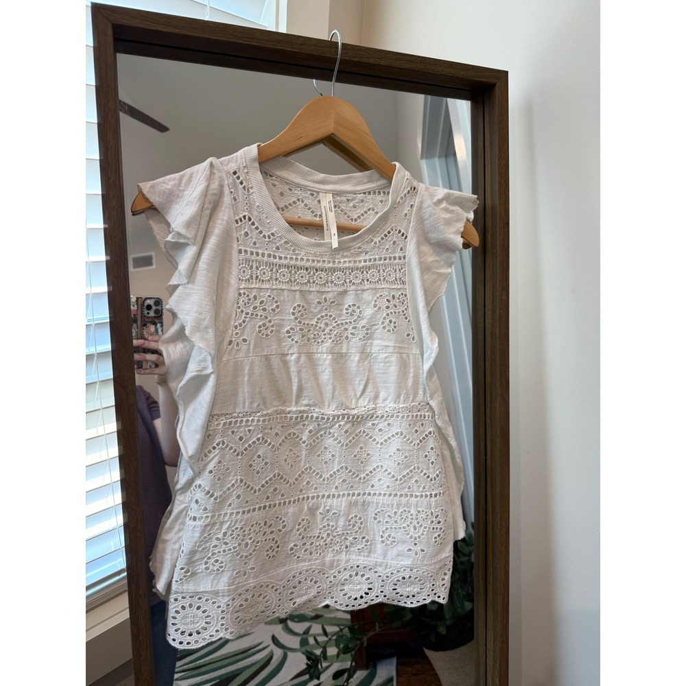 Anthropologie White Eyelet Ruffle Sleeve Tank Top Women's XS
